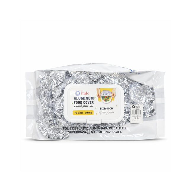 Packaged aluminum food cover with visible brand label on a white background