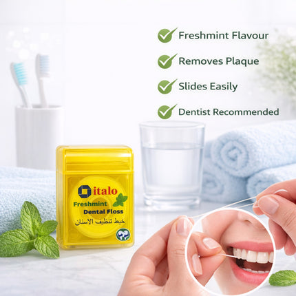 Oitalo freshmint dental floss packaging with usage demonstration and product features.