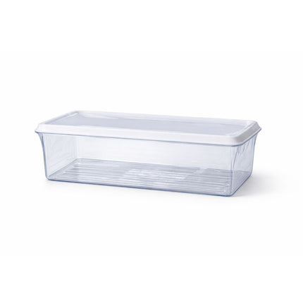 Clear plastic storage container with lid on a white background
