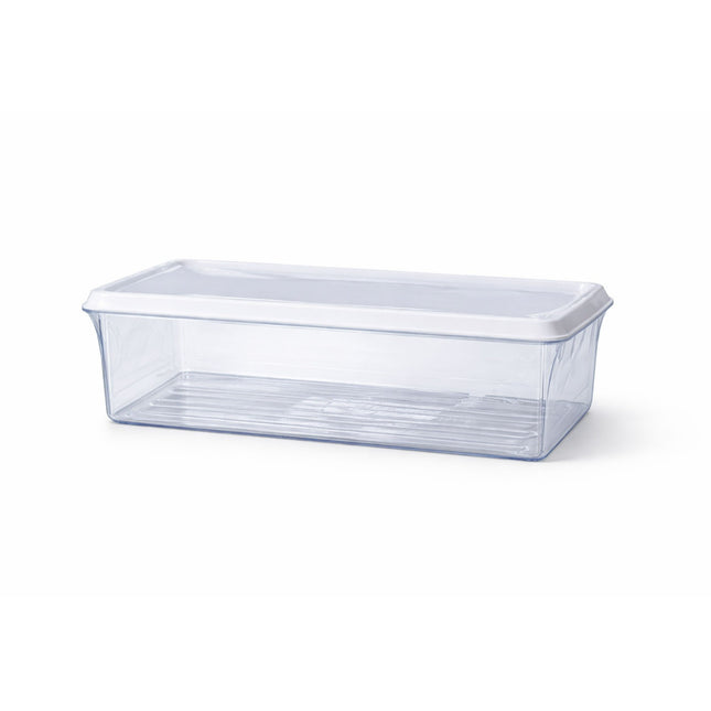 Clear plastic storage container with lid on a white background