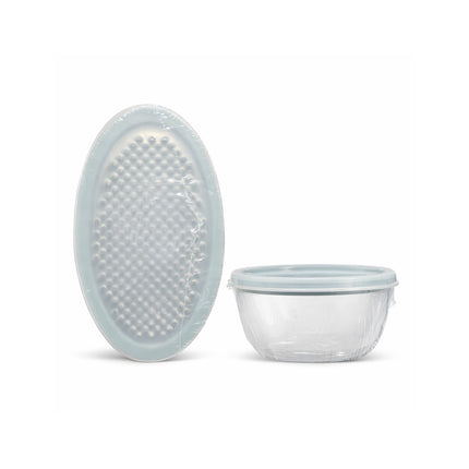 Clear plastic container with a textured lid on a white background