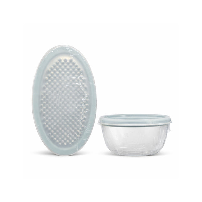 Clear plastic container with a textured lid on a white background