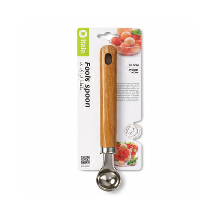 Wooden-handled spoon with packaging on a white background