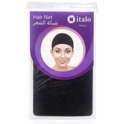 Black hair net in packaging with 'italo' branding on a white background