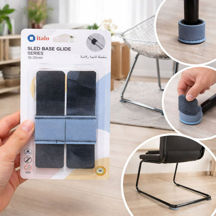 Italo sled base glide packaging with usage examples on a wooden floor.