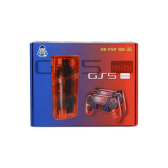 G5 mini gaming device packaging with transparent red casing and controller on a blue and red gradient background.
