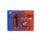 G5 mini gaming device packaging with transparent red casing and controller on a blue and red gradient background.
