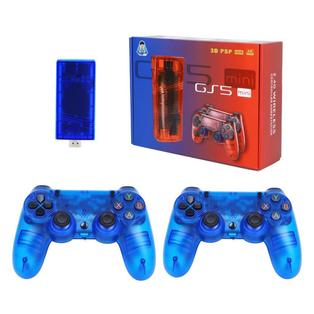 Blue gaming controllers with a red and blue box in the background