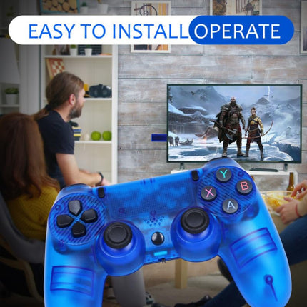 Blue gaming controller with text 'EASY TO INSTALL OPERATE' in a living room setting.