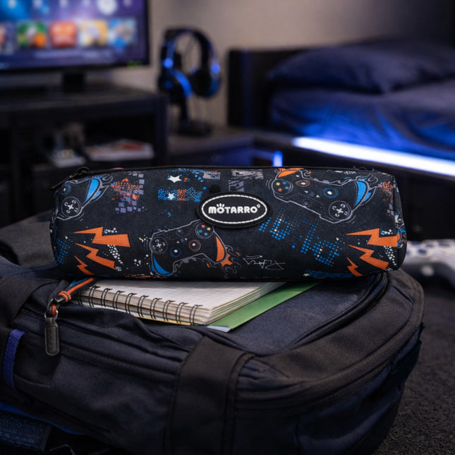 Pencil case with gaming design on a backpack in a room setting
