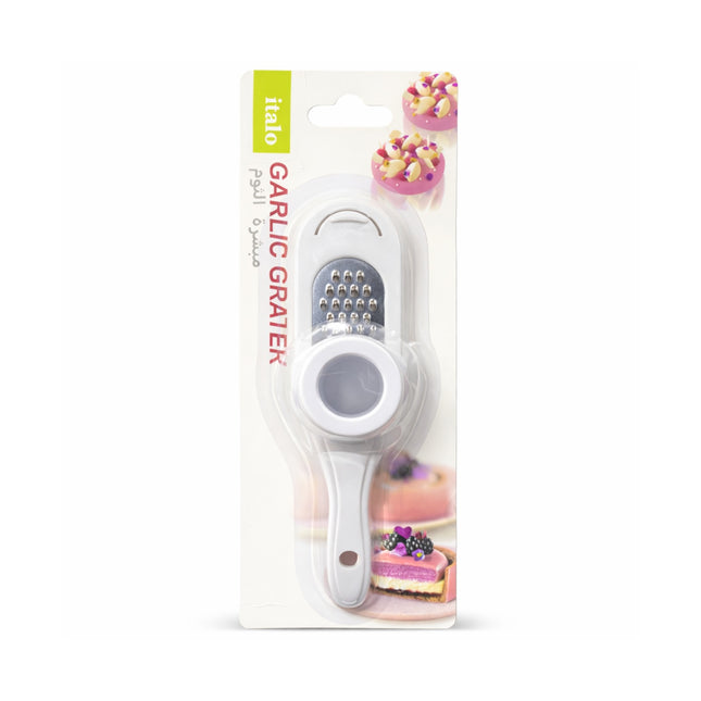 Garlic grater in packaging with 'italo' branding on a white background