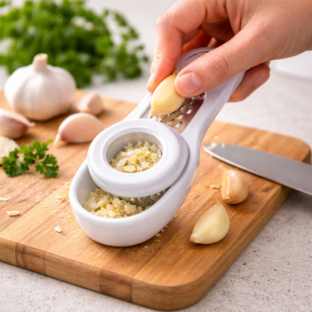 Person using a garlic press on a wooden cutting board with garlic and herbs in the background.