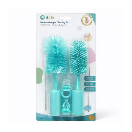 Bottle and nipple cleaning kit packaging with teal cleaning brushes on a white background