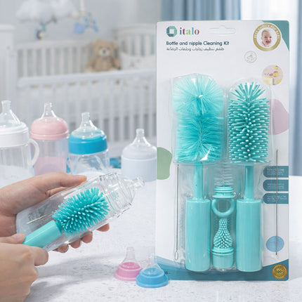 Baby bottle cleaning kit with cleaning brush and packaging in a nursery setting