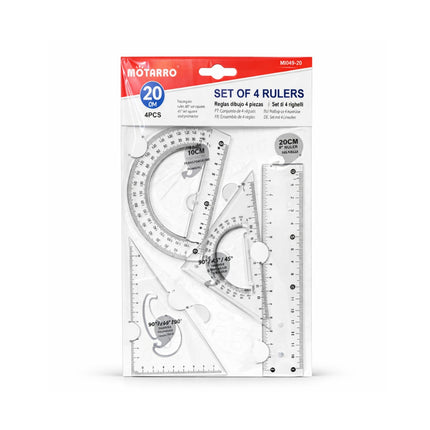 Set of 4 rulers in packaging with Motarro branding on a white background