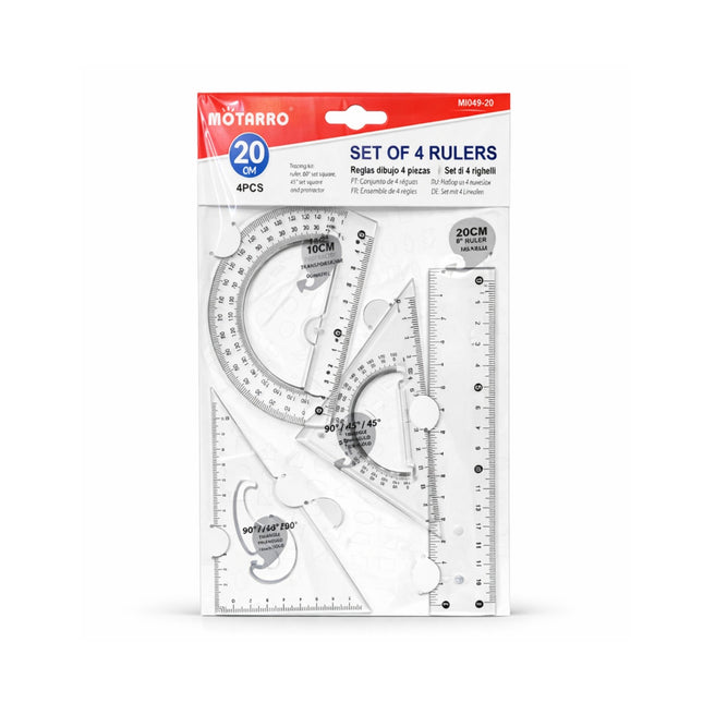 Set of 4 rulers in packaging with Motarro branding on a white background