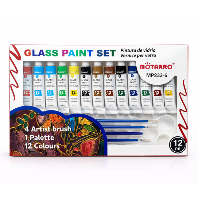 Motarro glass paint set with 12 colors, 4 brushes, and a palette on a white background.