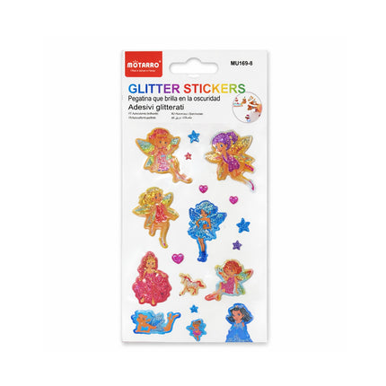 Pack of glitter stickers with colorful designs on a white background