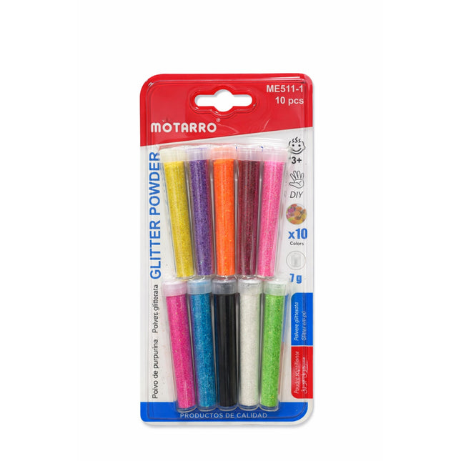 Pack of Motarro glitter powder sticks in various colors on a white background