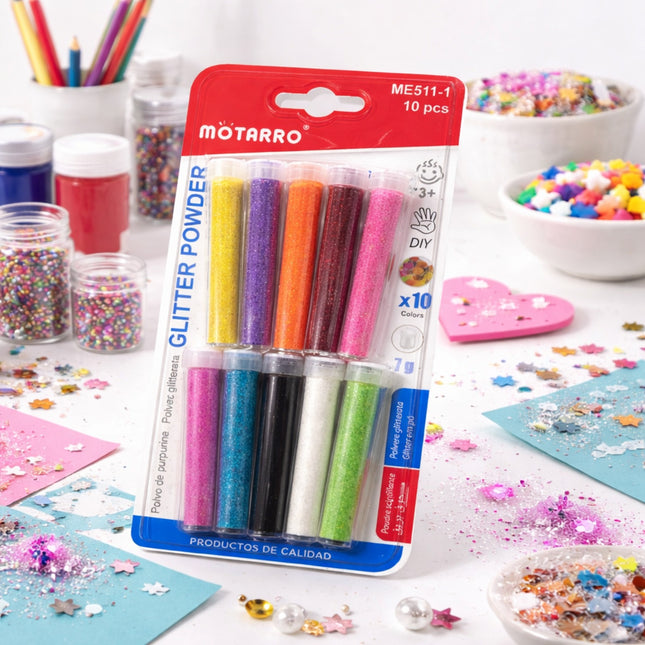 Pack of Motarro glitter powder with colorful glitter on a craft-themed background