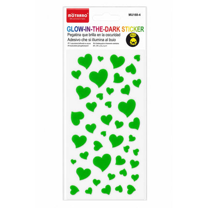 Packaging of glow-in-the-dark heart-shaped stickers with Motarro branding.