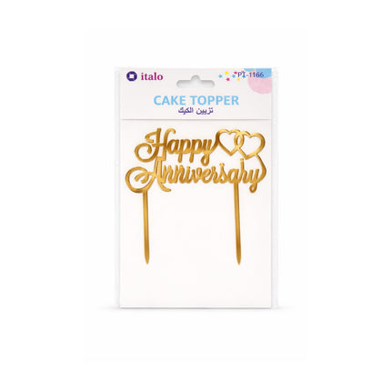 Gold 'Happy Anniversary' cake topper with hearts in packaging on a white background