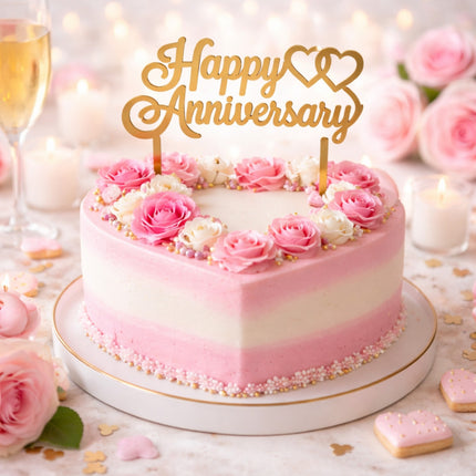 Pink anniversary cake with flowers and 'Happy Anniversary' topper on a decorative table.