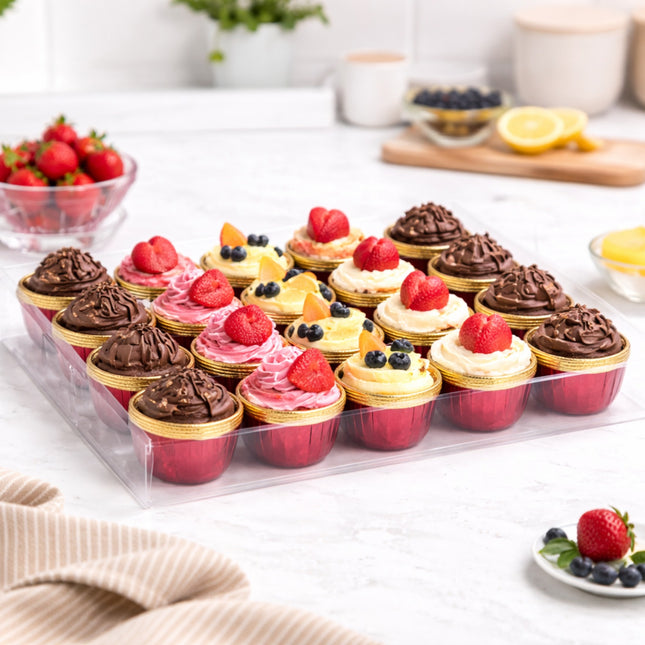 Assorted cupcakes in clear packaging on a white surface with fruits in the background