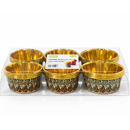 Set of gold and patterned cupcake liners in a clear packaging box.