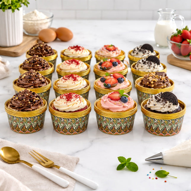 Assorted cupcakes in decorative cases on a marble surface with kitchen items.