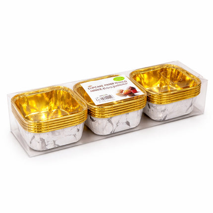 Packaged gold and silver foil containers on a white background