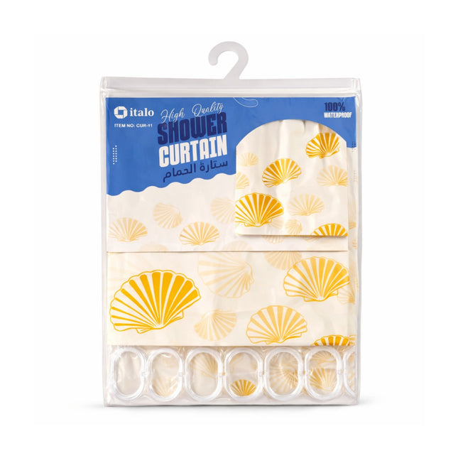 Packaged shower curtain with yellow shell pattern on a white background