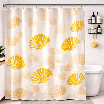 Shower curtain with yellow shell pattern in a bathroom setting