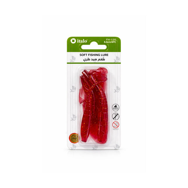 Pack of red soft fishing lures with a green and white label on a white background