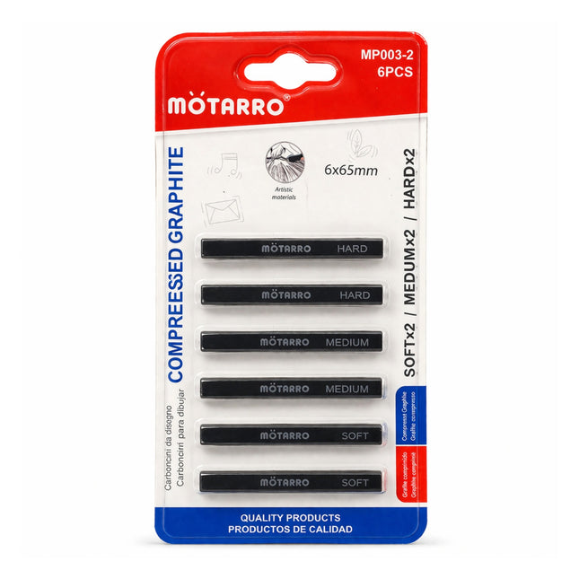 Pack of Motarro compressed graphite pencils with different hardness levels on a white background