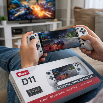 Person playing a game on a smartphone with two controllers, with the R8D D11 gaming device box in front.