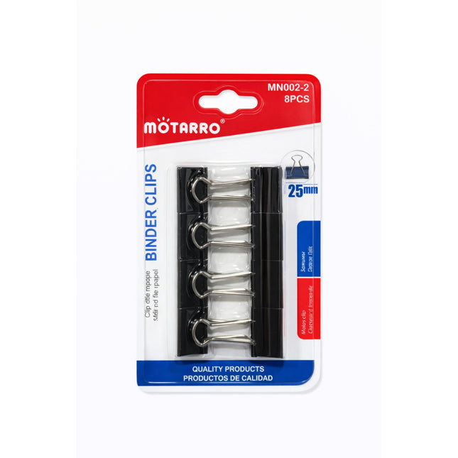 Pack of binder clips with Motarro branding on a white background