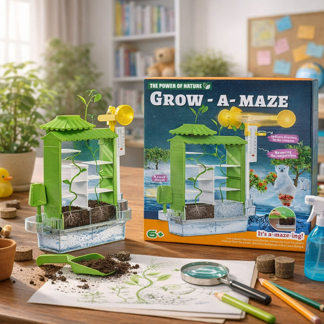 Grow-a-maze educational toy set on a table with a bookshelf in the background