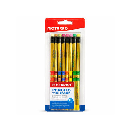 Pack of Motarro pencils with erasers in a clear package on a white background