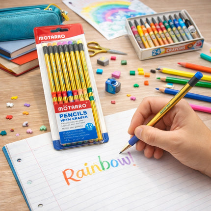 Mоторро pencils with erasers, crayons, and a hand writing 'Rainbow!' on paper.