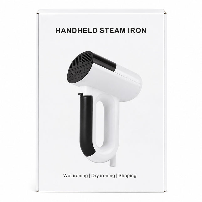 White retail box for a handheld steam iron, printed with the product photo and text 'HANDHELD STEAM IRON' and 'Wet ironing | Dry ironing | Shaping'.