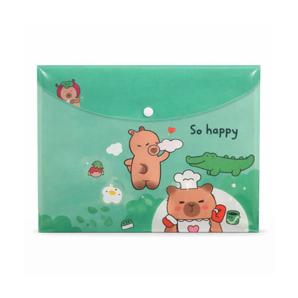 Green envelope with cartoon bear and crocodile design on a white background