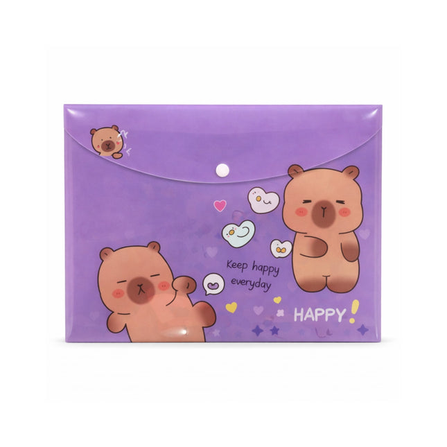 Purple envelope with cartoon bears and text on a white background