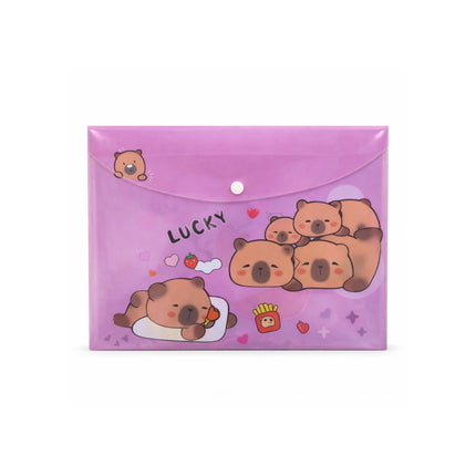 Pink pouch with cartoon bears and the word 'Lucky' on a white background