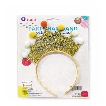 Gold 'Happy Birthday' headband with colorful pom-poms on a white background