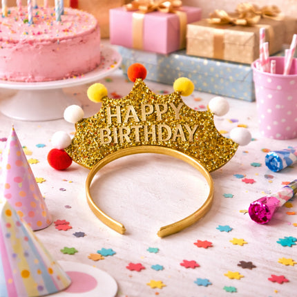 Gold 'Happy Birthday' tiara on a table with birthday cake and decorations