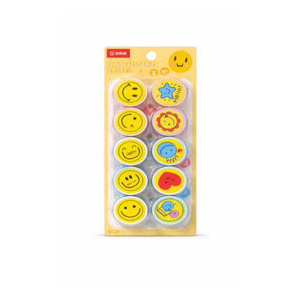Pack of smiley face stickers with colorful designs on a white background