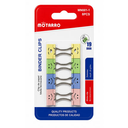 Pack of binder clips with colorful packaging on a white background