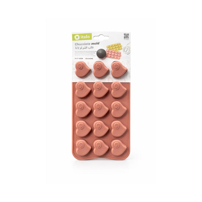 Silicone heart-shaped chocolate mold with packaging on a white background
