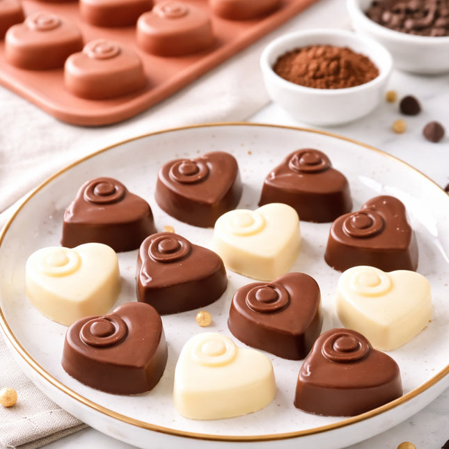 Heart-shaped chocolate candies on a white plate with a silicone mold and cocoa powder in the background.